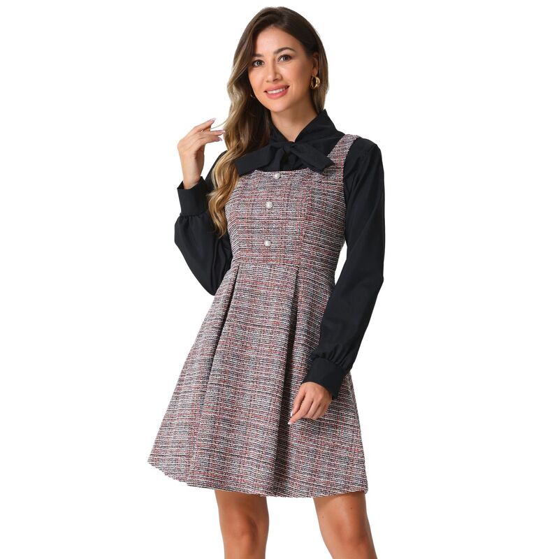 アレグラ ケー レディース トップス ワンピース ツイード ノースリーブ ALLEGRA K Tweedress for Women'sleevelessquare Neck Plaid Fit and Flare Dress Red Black ブラック｜ReVida 店