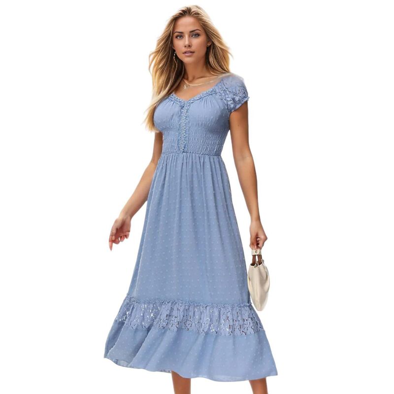 アンナカシ レディース トップス ワンピース レース マキシ Anna-Kaci Women's Renaissance Boho Lace Maxi Dressky Blue ブルー|ReVida 店