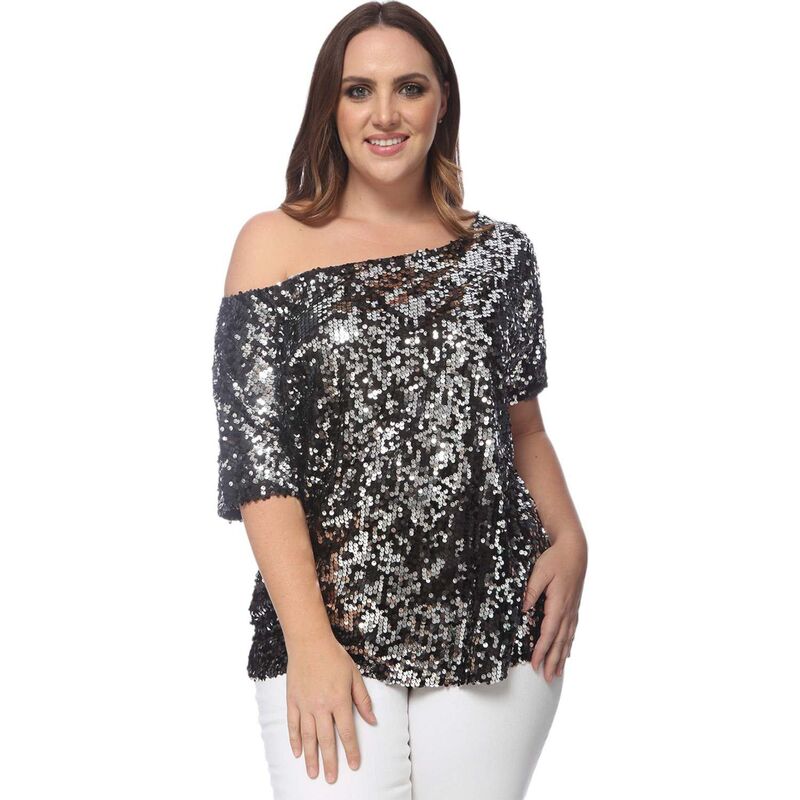 アンナカシ レディース トップス シャツ スパンコール Anna-Kaci Women's One Shoulder Sequin Top Black And Silver ブラック|ReVida 店