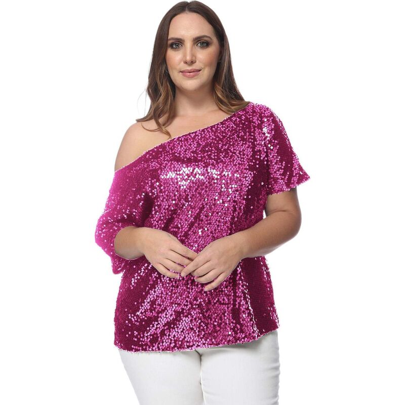 アンナカシ レディース トップス シャツ スパンコール Anna-Kaci Women's One Shoulder Sequin Top Fuschia フューシャ|ReVida 店