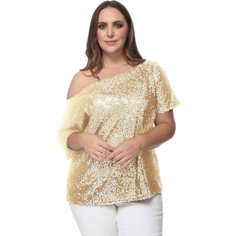 アンナカシ レディース トップス シャツ スパンコール Anna-Kaci Women's One Shoulder Sequin Top Gold ゴールド|ReVida 店