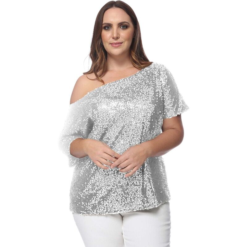 アンナカシ レディース トップス シャツ スパンコール Anna-Kaci Women's One Shoulder Sequin Top Silver シルバー|ReVida 店