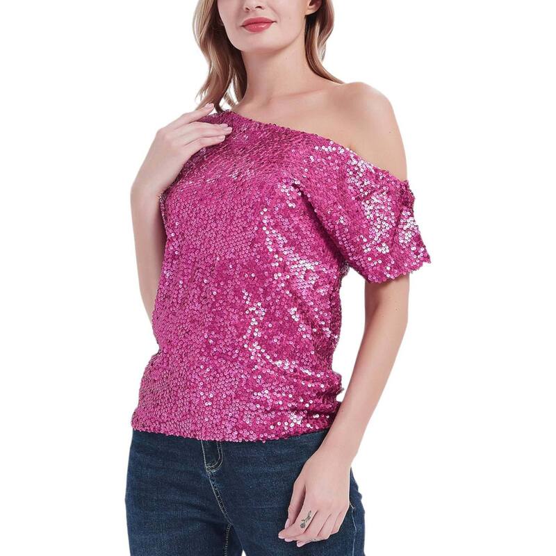 アンナカシ レディース トップス Tシャツ スパンコール キャップ Anna-Kaci Women's One Shoulder Cap Sleeve Sequin Party Top Fuschia フューシャ|ReVida 店