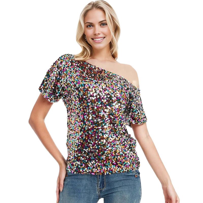 アンナカシ レディース トップス Tシャツ スパンコール キャップ Anna-Kaci Women's One Shoulder Cap Sleeve Sequin Party Top Multicolored マルチカラー|ReVida 店