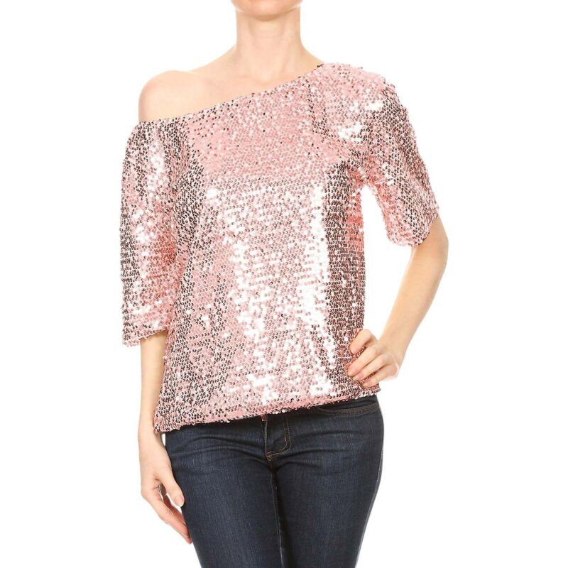 アンナカシ レディース トップス Tシャツ スパンコール キャップ Anna-Kaci Women's One Shoulder Cap Sleeve Sequin Party Topink ピンク｜ReVida 店
