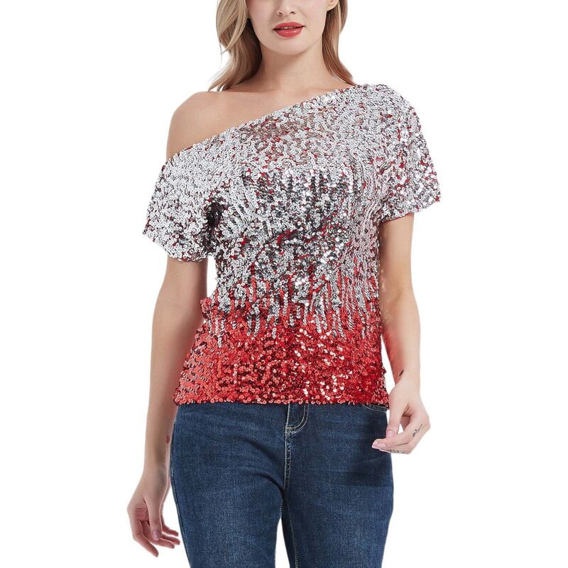 アンナカシ レディース トップス Tシャツ スパンコール キャップ Anna-Kaci Women's One Shoulder Cap Sleeve Sequin Party Top Silver And Red レッド|ReVida 店