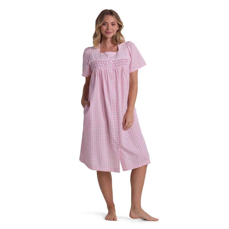 ミスエレインエッセンシャルズ レディース アンダー御召しもの ナイト爵御召しもの Women\u0027s Miss Elainessentialseersucker Short Snap Robe Peach White Check 白いこと