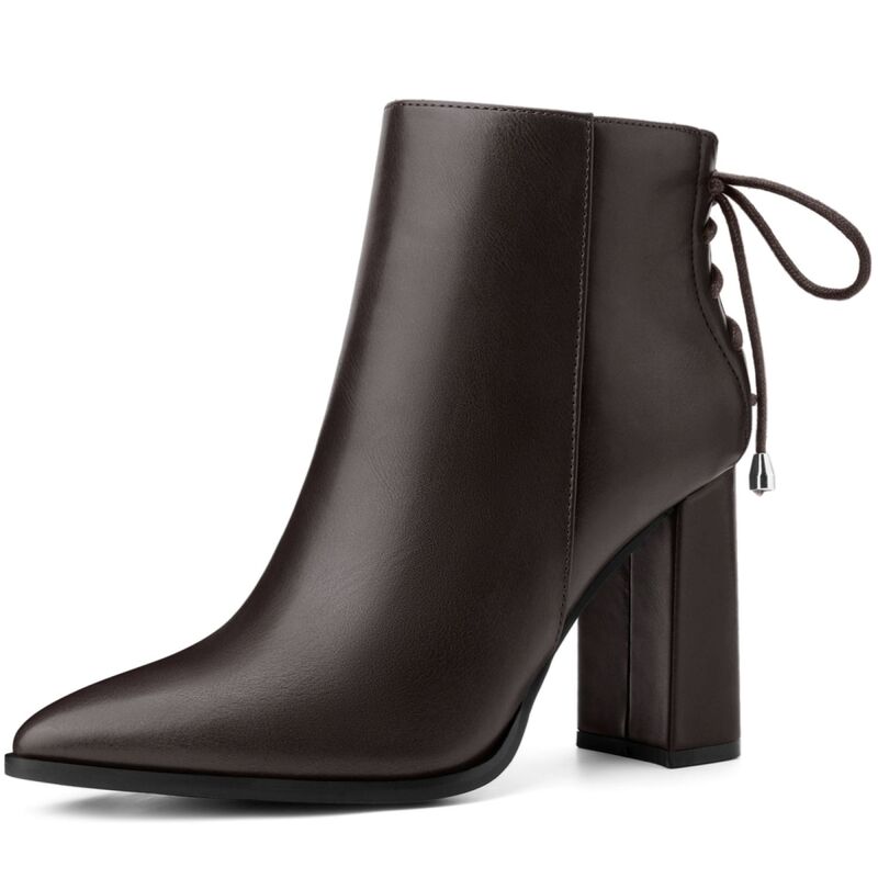 ブリスフルステップ レディース シューズ ブーツ・レインブーツ アンクル レース ヒール BLISSFUL STEPointed Toe Back Lace Up Chunky Heel Ankle Boots for Women Dark Brown ブラウン|ReVida 店