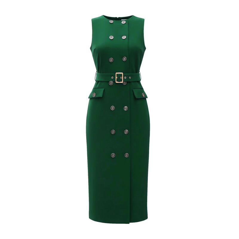 インスパイア シック レディース トップス ワンピース クルーネック ノースリーブ INSPIRE CHIC Double Breasted Work Dress for Women'sleeveless Business Crewneck Formal Belted Pencil Dress Green グリーン｜ReVida 店