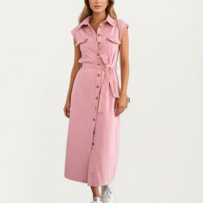 アンナカシ レディース トップス ワンピース デニム マキシ Anna-Kaci Women's Button Front Denimaxi Dress with Adjustable Waistie Structured Collar Detail Pink ピンク|ReVida 店