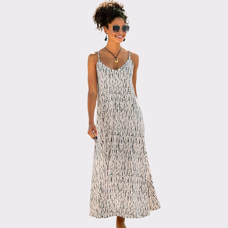 ラスカーナ レディース トップス ワンピース プリント マキシ Lascana Women's Printed Tie Back Maxi Dress Black And Beige ブラック|ReVida 店