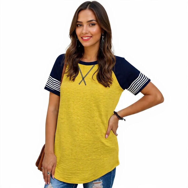 メガリテイラー レディース トップス プルオーバー トップ MegaRetailer Women\u0027striped Tunic Blouse with Short Sleeves Yellow 黄色