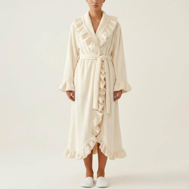 アンナカシ レディース アンダー御召しもの ナイト爵御召しもの フラウンス Anna-Kaci Women\u0027s Long Sleeve Wrap Robe with Ruffle Trim Shawl Collar Tie Waist Belt Soft Lightweight Robe Off White 象牙色