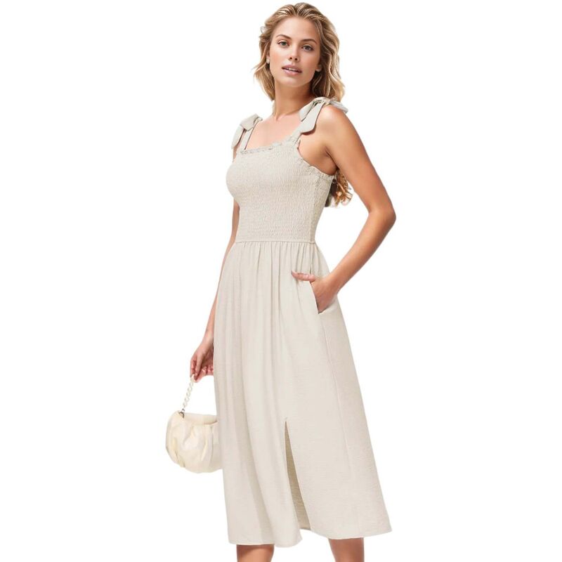 アンナカシ レディース トップス ワンピース ミディ ノースリーブ シャーリング Anna-Kaci Women's Boho Summer Sleeveless Tie Strapsquare Neck Smocked Split Midi Dress With Pockets Beige ベージュ|ReVida 店