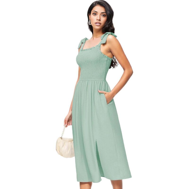 アンナカシ レディース トップス ワンピース ミディ ノースリーブ シャーリング Anna-Kaci Women's Boho Summer Sleeveless Tie Strapsquare Neck Smocked Split Midi Dress With Pockets Green グリーン|ReVida 店