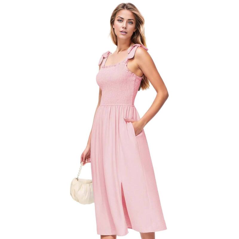 アンナカシ レディース トップス ワンピース ミディ ノースリーブ シャーリング Anna-Kaci Women's Boho Summer Sleeveless Tie Strapsquare Neck Smocked Split Midi Dress With Pockets Pink ピンク|ReVida 店