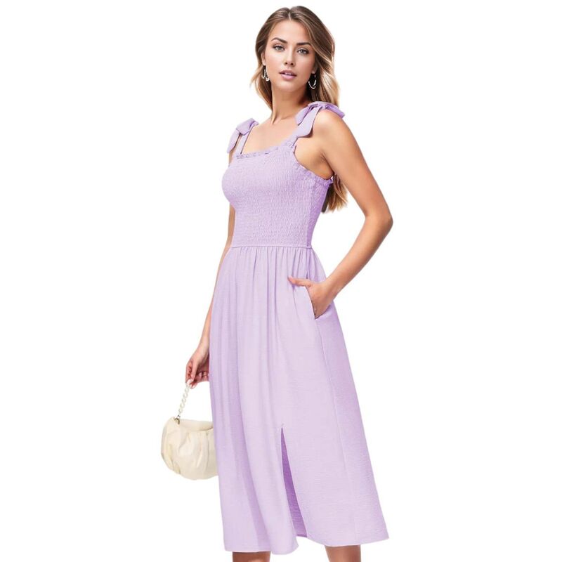アンナカシ レディース トップス ワンピース ミディ ノースリーブ シャーリング Anna-Kaci Women's Boho Summer Sleeveless Tie Strapsquare Neck Smocked Split Midi Dress With Pockets Purple パープル｜ReVida 店