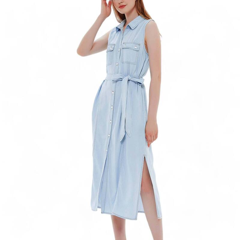 アンナカシ レディース トップス ワンピース ダウン デニム Anna-Kaci Women's Tied Waisturn Down Collar Pocket Denim Dress Light Blue ブルー｜ReVida 店