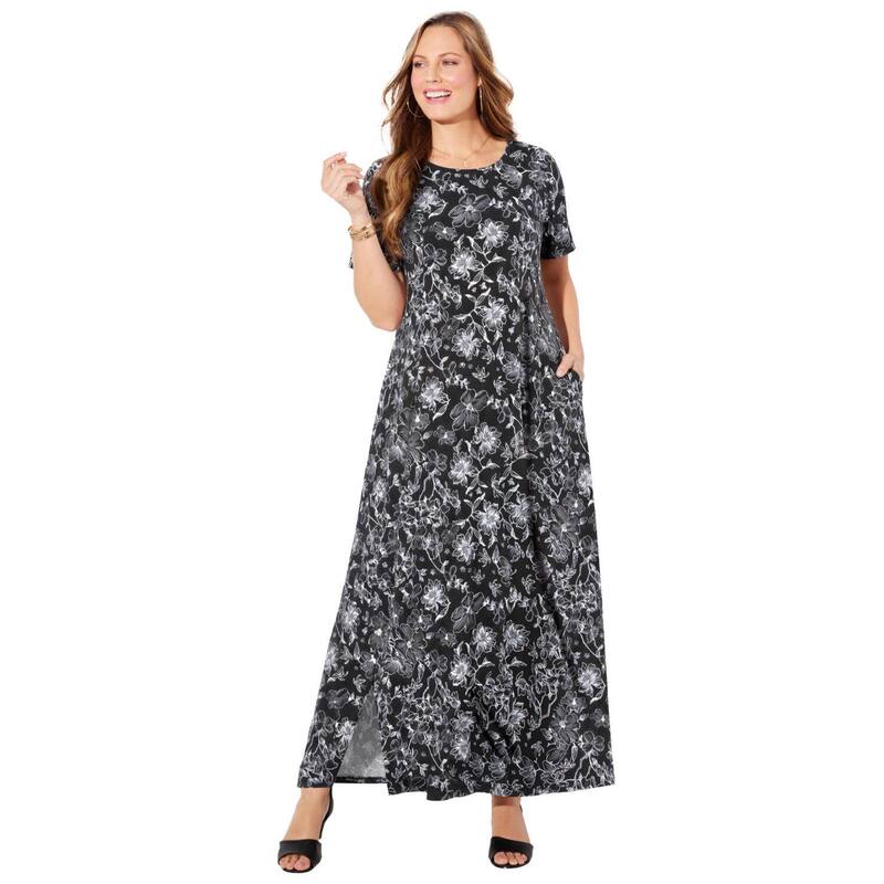キャサリンズ レディース トップス ワンピース プラスサイズ プチ マキシ Catherines Women's Plusize Petite Scoopneck Maxi Dress Black White Floral ホワイト｜ReVida 店