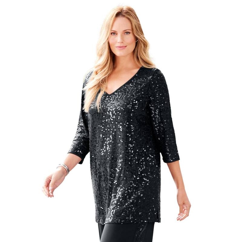 キャサリンズ レディース トップス プルオーバー 足し加える大きさ スパンコール Catherines Women\u0027s Plusize Allover Sequin Tunic Black 黒いこと