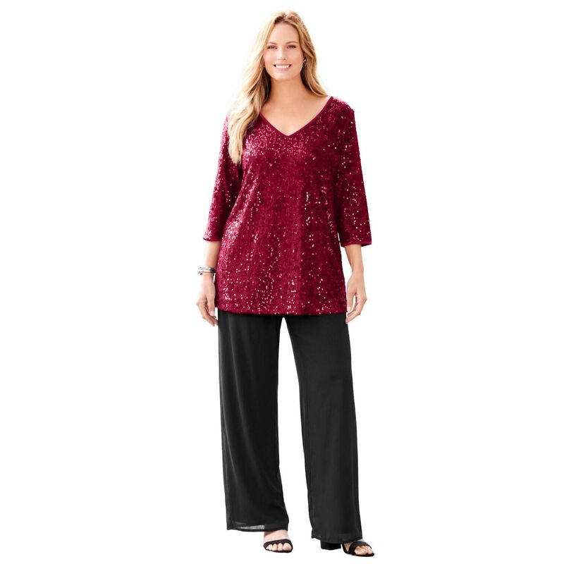 キャサリンズ レディース トップス プルオーバー 足し加える大きさ スパンコール Catherines Women\u0027s Plusize Allover Sequin Tunic Rich Burgundy バーガンディ