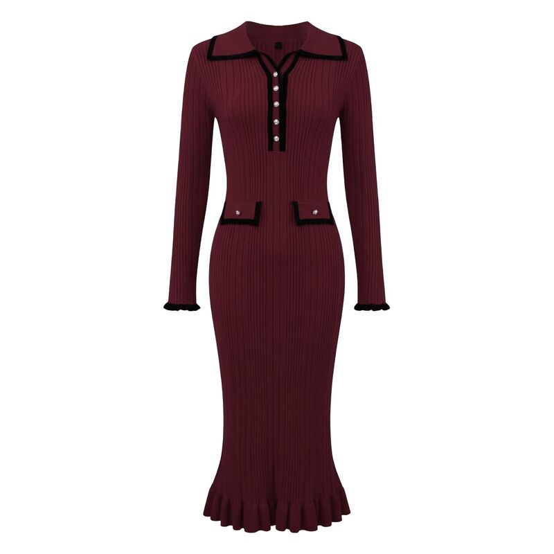 インスパイア シック レディース トップス ワンピース フリル リブ セーター コントラスト ニット INSPIRE CHIC Women's Long Sleeve Sweater Dress Contrastrim Ruffled Fall Winteribbed Knit Bodycon Dresses Burgundy バーガンディ｜ReVida 店