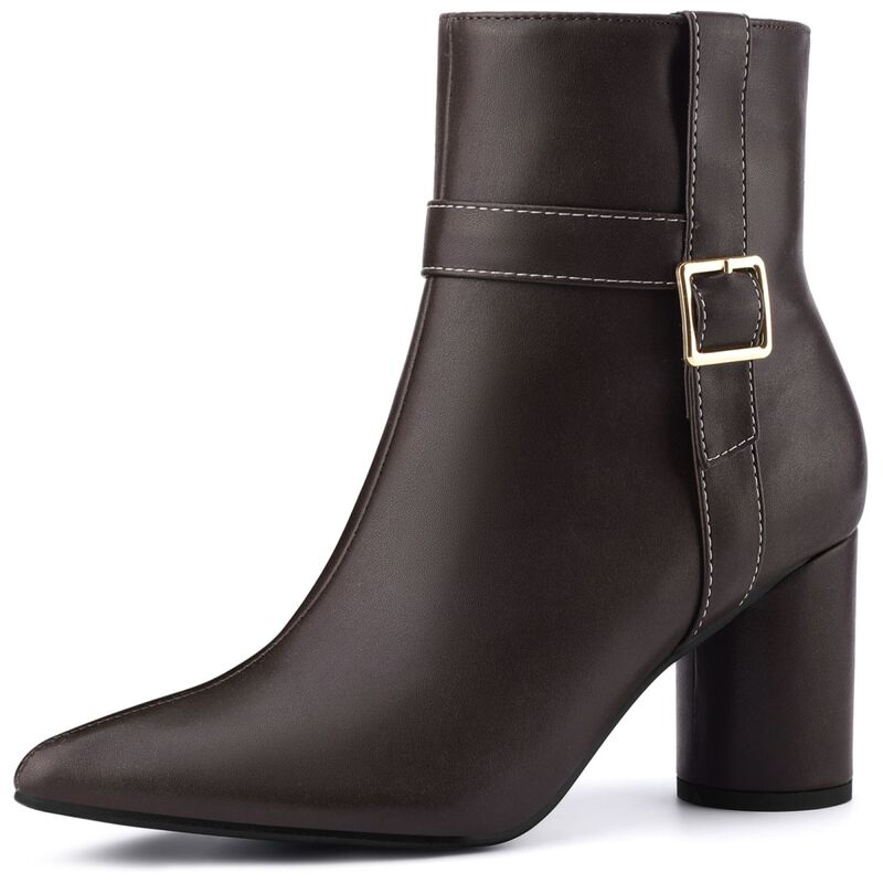 ブリスフルステップ レディース シューズ ブーツ・レインブーツ アンクル ヒール BLISSFUL STEP Women's Ankle Boots Pointed Toe Chunky Block Heel Side Zipper Dressy Booties Dark Brown ブラウン|ReVida 店