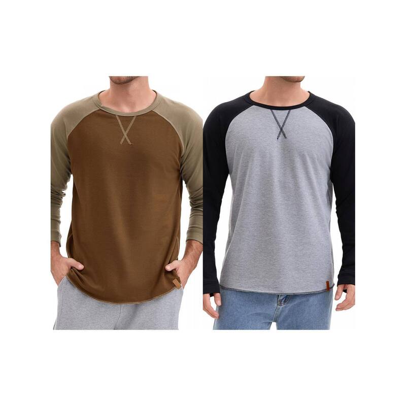 インスパイア シック レディース トップス Tシャツ INSPIRE CHIC 2 Packs Men's Long Sleeve Tops Color Block Casual Raglan T-Shirt Brown Gray Black ブラック|ReVida 店