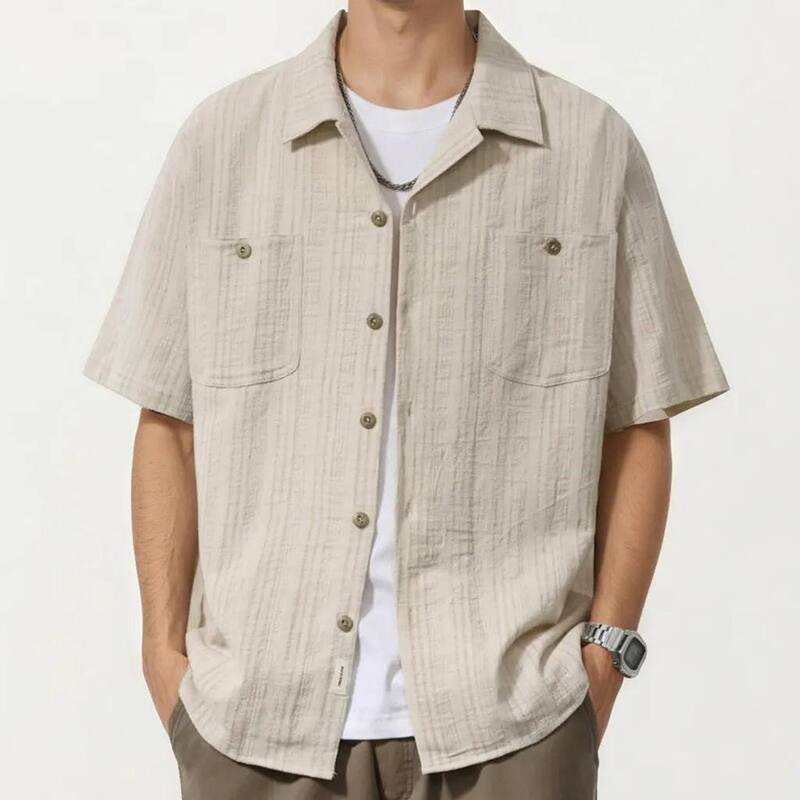 アンナカシ レディース トップス プルオーバー Anna-Kaci Men\u0027short Sleeve Button-Up Shirt with Textured Fabric andual Chest Pockets Light Beige ベージュ