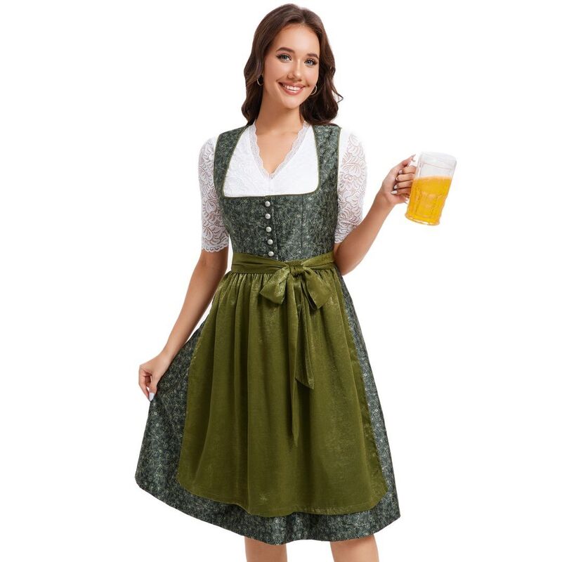 ボディサイズ レディース トップス ワンピース フリル ダウン BODDYSIZE Women's Oktoberfest Dirndl Dress Ruffled Jacquard Button-Down Top and Solid Color Apron Army Green グリーン|ReVida 店