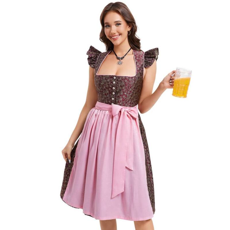 ボディサイズ レディース トップス ワンピース フリル ダウン BODDYSIZE Women's Oktoberfest Dirndl Dress Ruffled Jacquard Button-Down Top and Solid Color Apron Wine Red レッド|ReVida 店