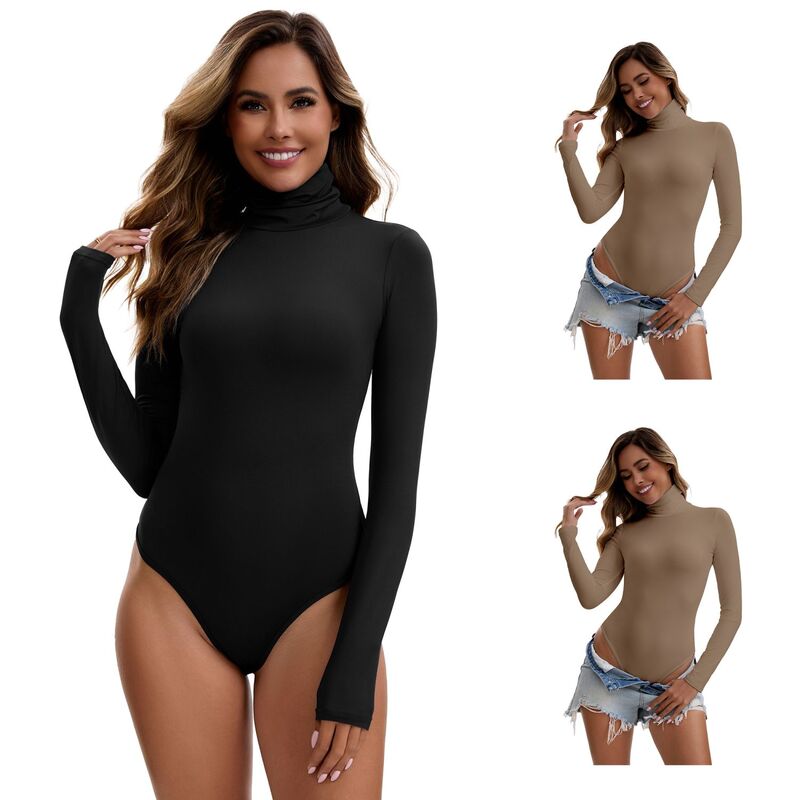 インスパイア 今めかしい レディース トップス プルオーバー か細い填まる ハイネック 上半身背広 INSPIRE CHIC 3 Packs Women\u0027s High Neck Long Sleeve Topslim Fit Bodysuit Black Beige 黒いこと