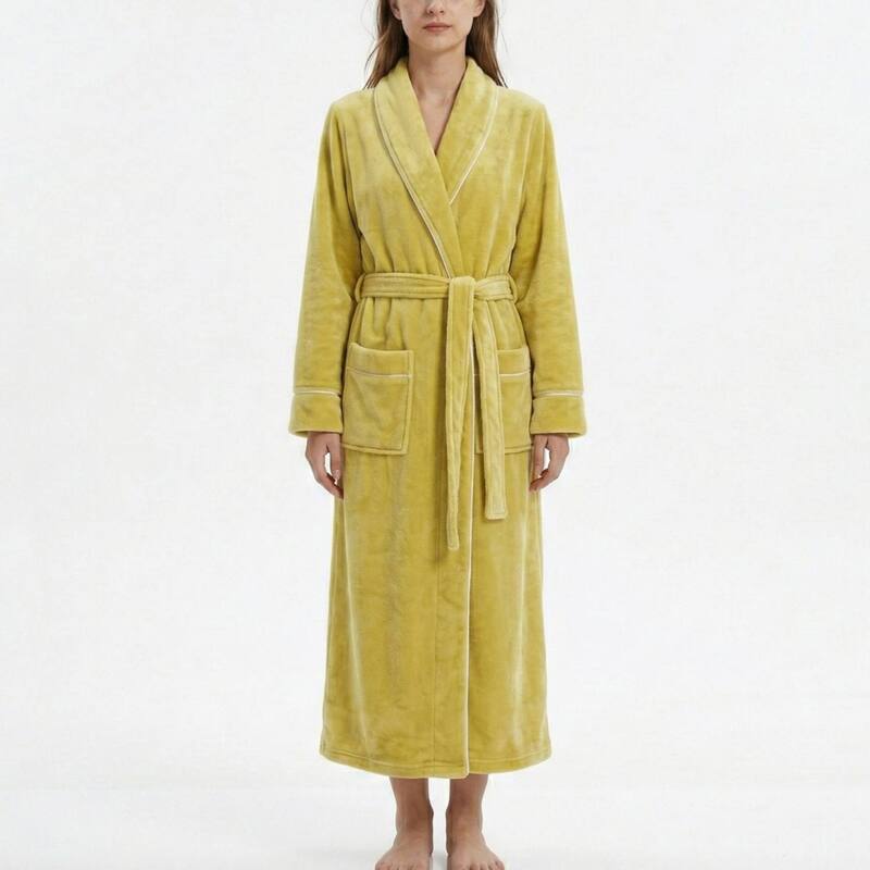 アンナカシ レディース アンダー御召しもの ナイト爵御召しもの つけ加える大きさ Anna-Kaci Plush Long Sleeve Wrap Bathrobe with Waistie Belt and Front Patch Pockets Yellow 黄色