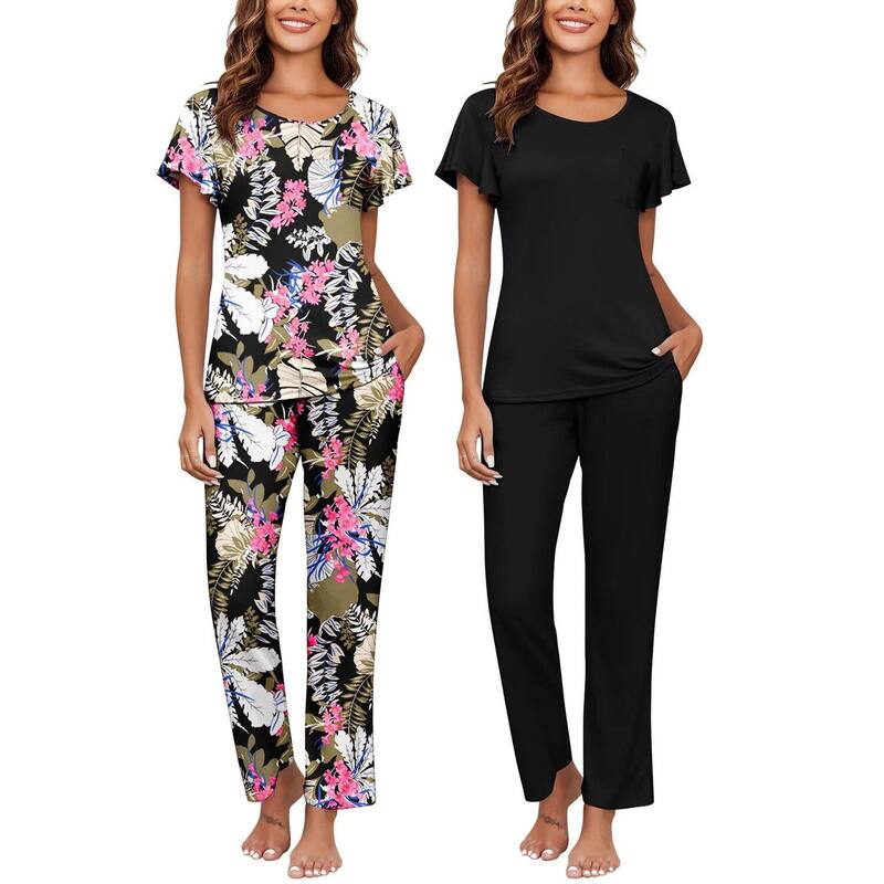 エコアー レディース アンダー御召しもの ナイト爵御召しもの Ekouaer Pajamas for Women Set 2 Piece Comfy Loungewear Lightweight Pjsleepwear Black Floral Black 黒いこと