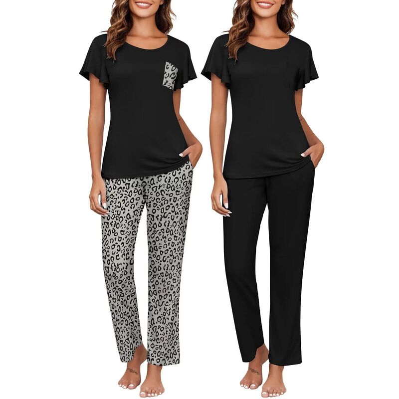 エコアー レディース アンダー御召しもの ナイト爵御召しもの Ekouaer Pajamas for Women Set 2 Piece Comfy Loungewear Lightweight Pjsleepwear Black Leopard Print 黒いこと