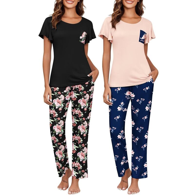 エコアー レディース アンダー御召しもの ナイト爵御召しもの Ekouaer Pajamas for Women Set 2 Piece Comfy Loungewear Lightweight Pjsleepwear Black Pink Floral 黒いこと
