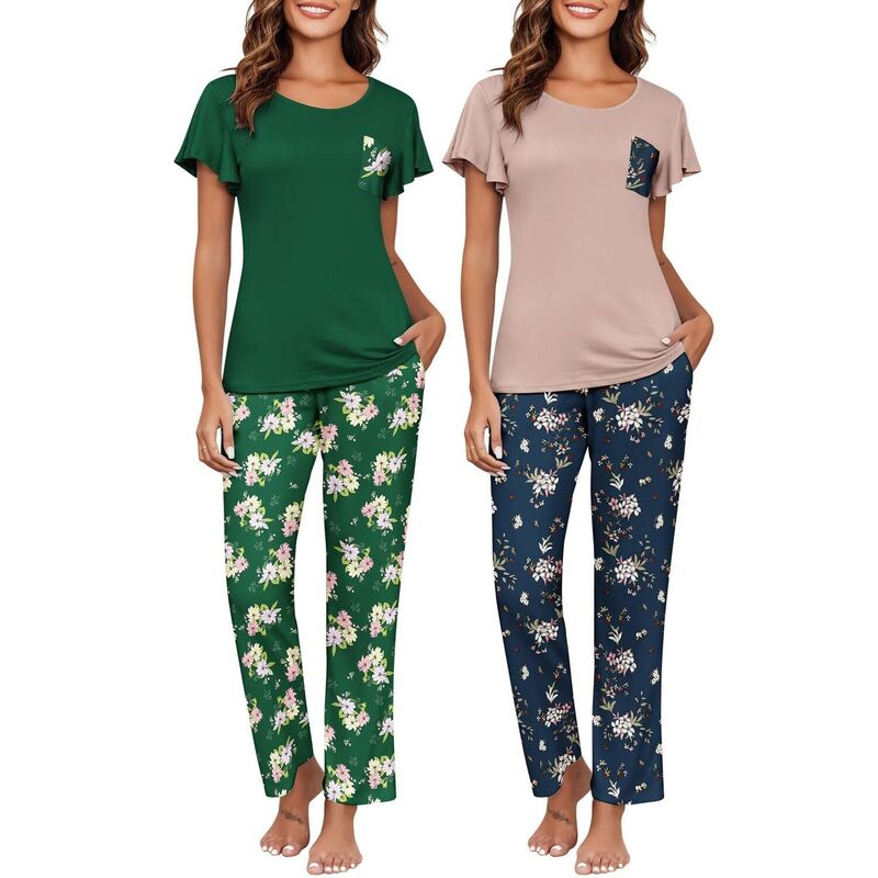 エコアー レディース アンダー御召しもの ナイト爵御召しもの Ekouaer Pajamas for Women Set 2 Piece Comfy Loungewear Lightweight Pjsleepwear Color Green Floral 緑であること