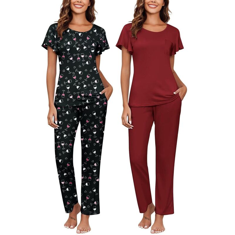 エコアー レディース アンダー御召しもの ナイト爵御召しもの Ekouaer Pajamas for Women Set 2 Piece Comfy Loungewear Lightweight Pjsleepwear Cups Wine Red 赤いこと