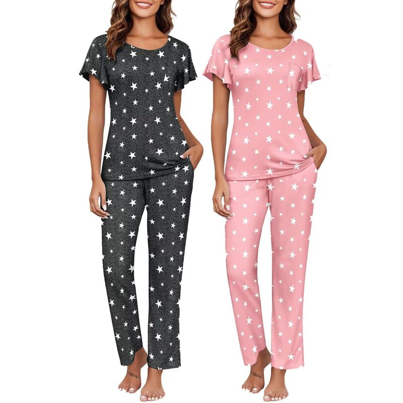 エコアー レディース アンダー御召しもの ナイト爵御召しもの Ekouaer Pajamas for Women Set 2 Piece Comfy Loungewear Lightweight Pjsleepwear Gray Star Pink Star 薄墨色