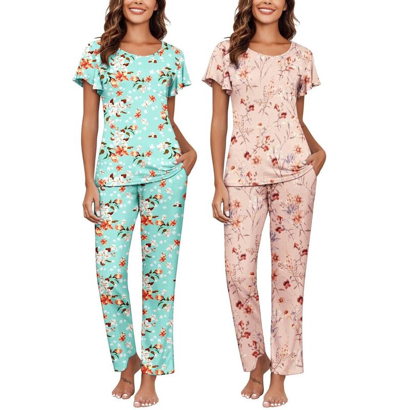 エコアー レディース アンダー御召しもの ナイト爵御召しもの Ekouaer Pajamas for Women Set 2 Piece Comfy Loungewear Lightweight Pjsleepwear Green Beige Flowers 緑であること