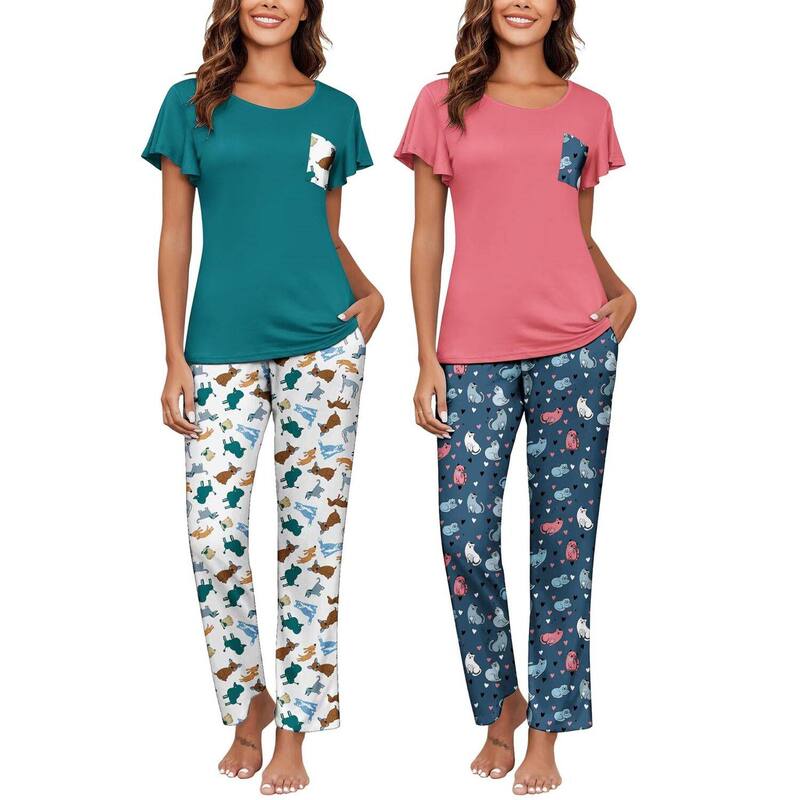 エコアー レディース アンダー御召しもの ナイト爵御召しもの Ekouaer Pajamas for Women Set 2 Piece Comfy Loungewear Lightweight Pjsleepwear Grey Dogs Cats 薄墨色