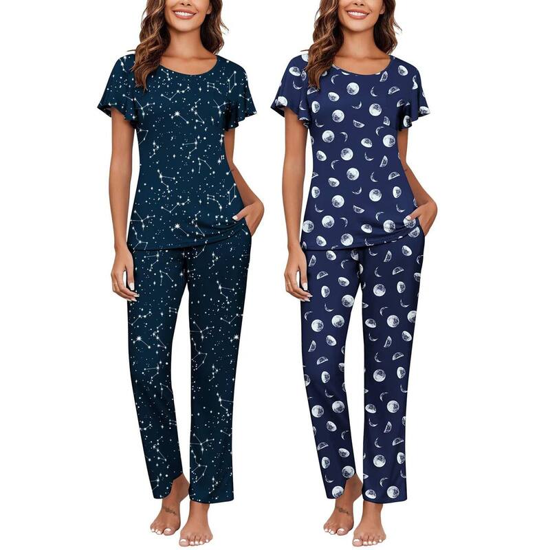 エコアー レディース アンダー御召しもの ナイト爵御召しもの Ekouaer Pajamas for Women Set 2 Piece Comfy Loungewear Lightweight Pjsleepwear Moon Stars