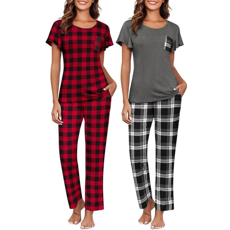 エコアー レディース アンダー御召しもの ナイト爵御召しもの Ekouaer Pajamas for Women Set 2 Piece Comfy Loungewear Lightweight Pjsleepweared Grey Plaid 薄墨色