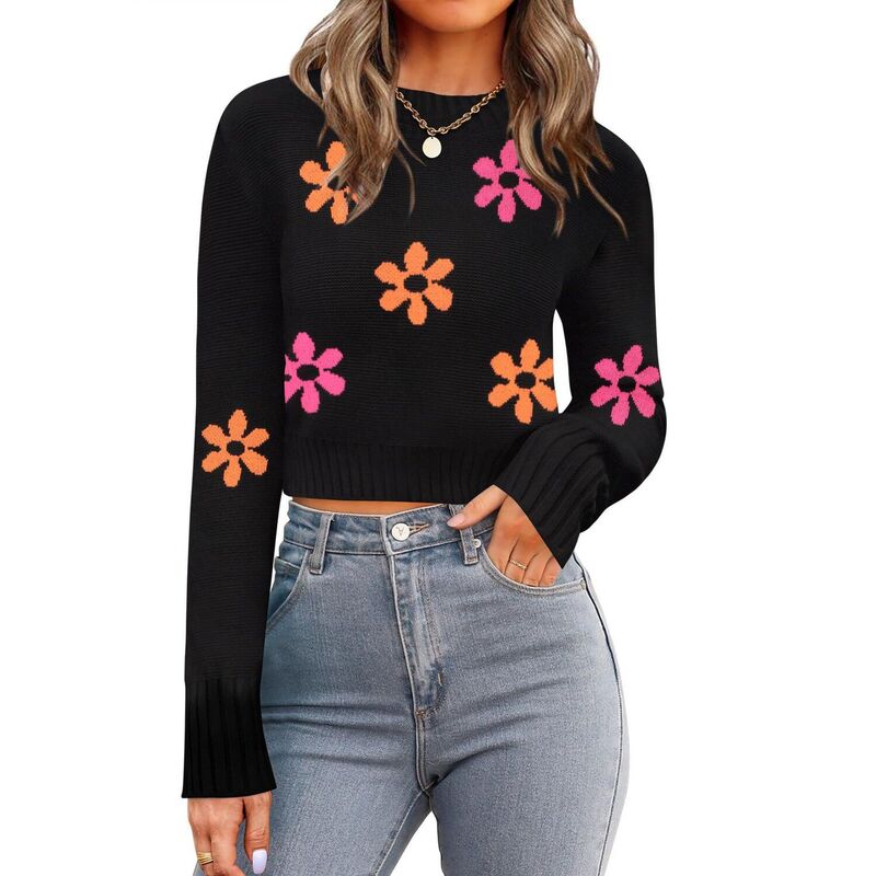 ジーグー レディース アウター ニット・セーター クルーネック リブ クロップド Zeagoo Women's Fall Crewneck Cropped Sweater Trendy Long Sleeve Ribbed Knit Pullover Black Flower ブラック｜ReVida 店