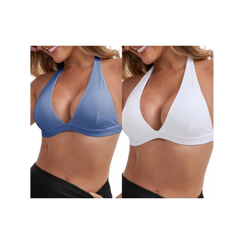 インスパイア 今めかしい レディース アンダーお召しもの ブラ 後ろ側食い違い ホルター INSPIRE CHIC 2 Packs Women\u0027s Halter Neck Plunge Wirefree Sports Bras Backless Cozy Workout Fitness Bralette White Blue 白いこと