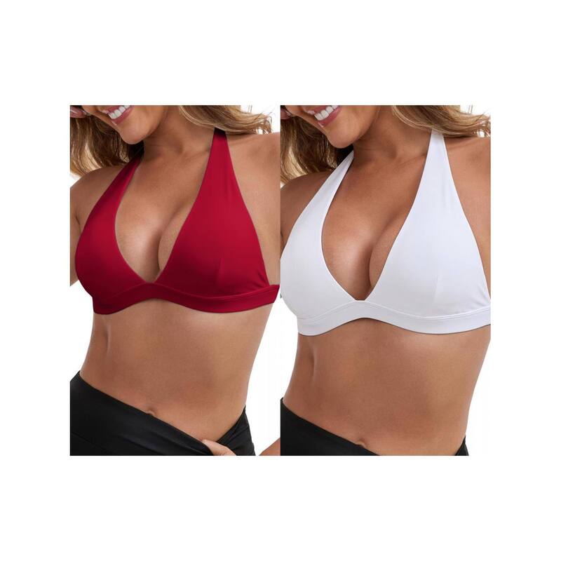 インスパイア 今めかしい レディース アンダーお召しもの ブラ 後ろ側食い違い ホルター INSPIRE CHIC 2 Packs Women\u0027s Halter Neck Plunge Wirefree Sports Bras Backless Cozy Workout Fitness Bralette White Red 白いこと
