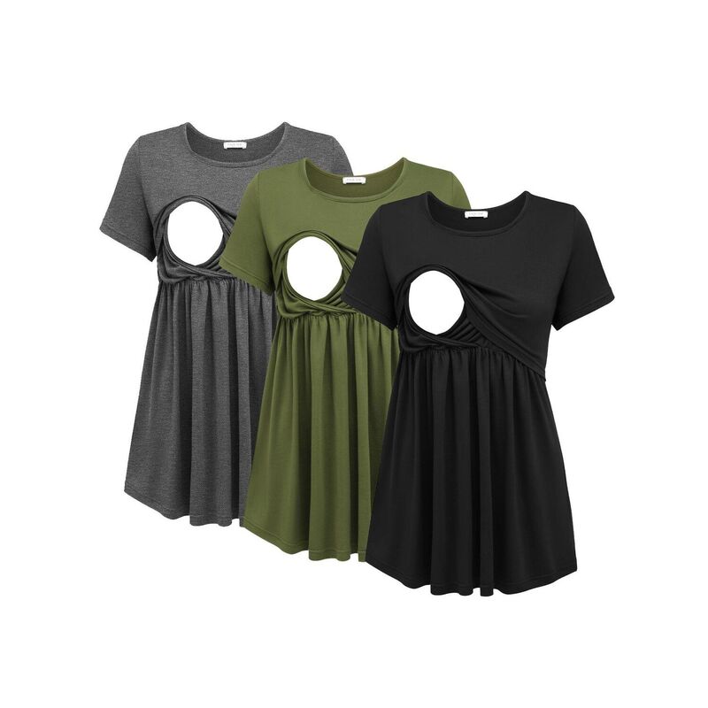 エコアー レディース トップス プルオーバー マタニティ Ekouaer Womens Nursing Tops 3 Packs Nursing Shirtshort Sleeve Double Layer Maternity Black Dark Gray Deep 黒いこと