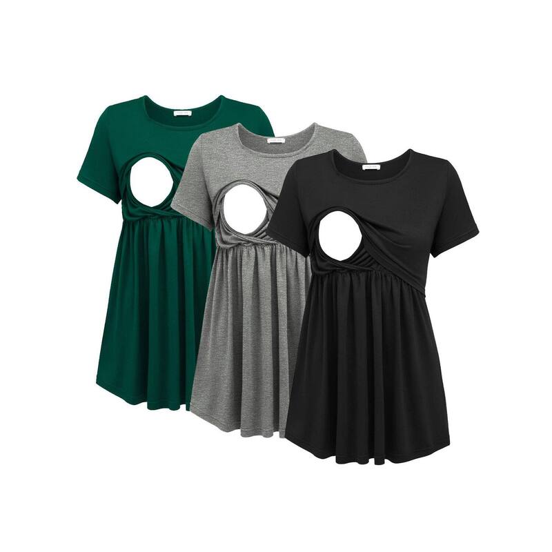 エコアー レディース トップス プルオーバー マタニティ Ekouaer Womens Nursing Tops 3 Packs Nursing Shirtshort Sleeve Double Layer Maternity Black Light Gray Deep 黒いこと