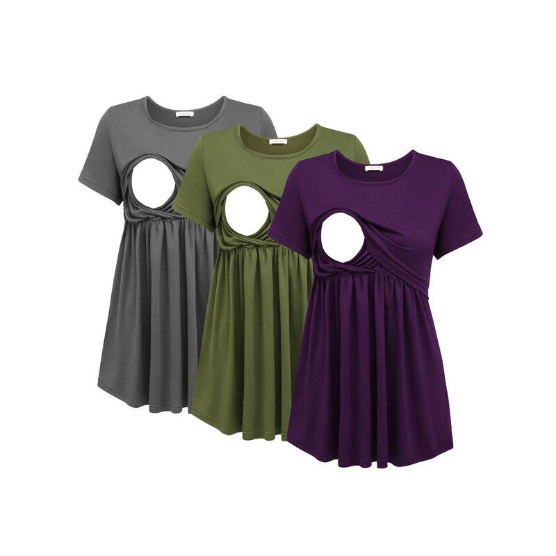 エコアー レディース トップス プルオーバー マタニティ Ekouaer Womens Nursing Tops 3 Packs Nursing Shirtshort Sleeve Double Layer Maternity Purple Dark Gray Deep 薄墨色