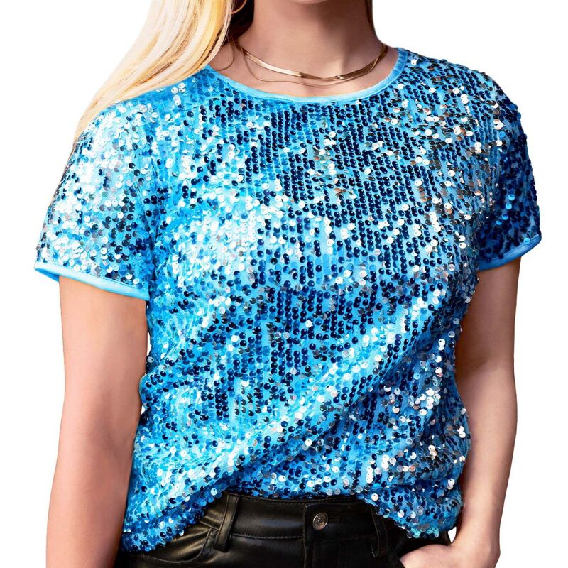 アンナカシ レディース トップス シャツ スパンコール ブラウス Anna-Kaci Women'sequin Short Sleeve Sparkly Shirt Round Neck Blouse Blue ブルー|ReVida 店